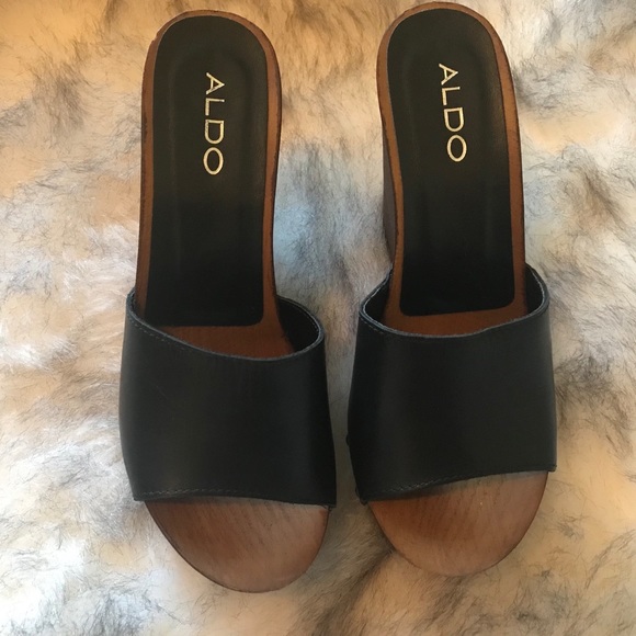 Aldo wood wedge black leader sandals EU 36, US 6 - Picture 3 of 4